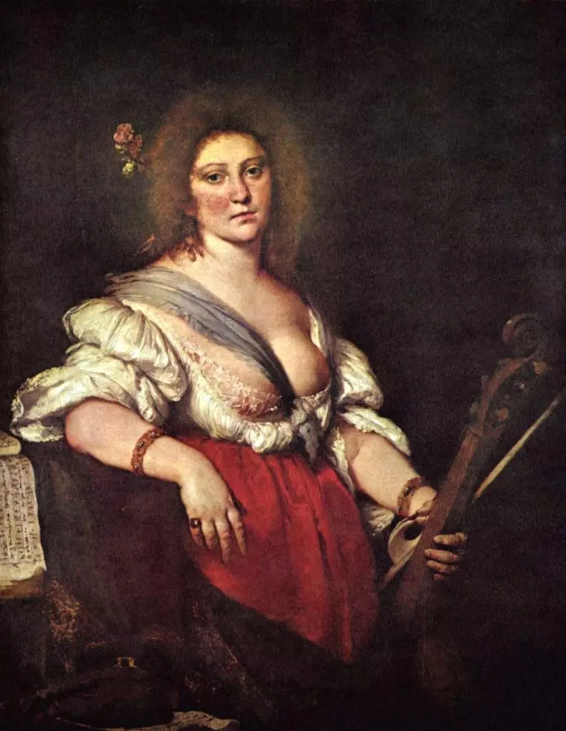 Viola da Gamba Player by Bernardo Strozzi, c. 1635 Gemäldegalerie, Dresden. Believed to be a portrait of Barbara Strozzi.